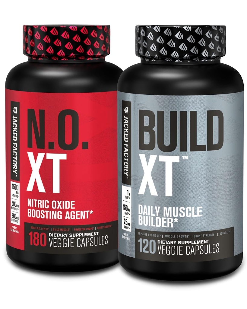 Jacked Factory Muscle Builder Supplement Stack - Build-XT Muscle Builder & N.O. XT Nitric Oxid Boosting Agent für Dual Support (60 Day Supply)