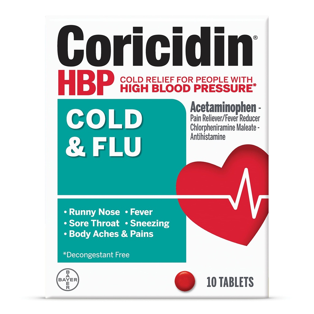 Coricidin HBP Cold & Flu Tablets, 10ct, Pack of 5