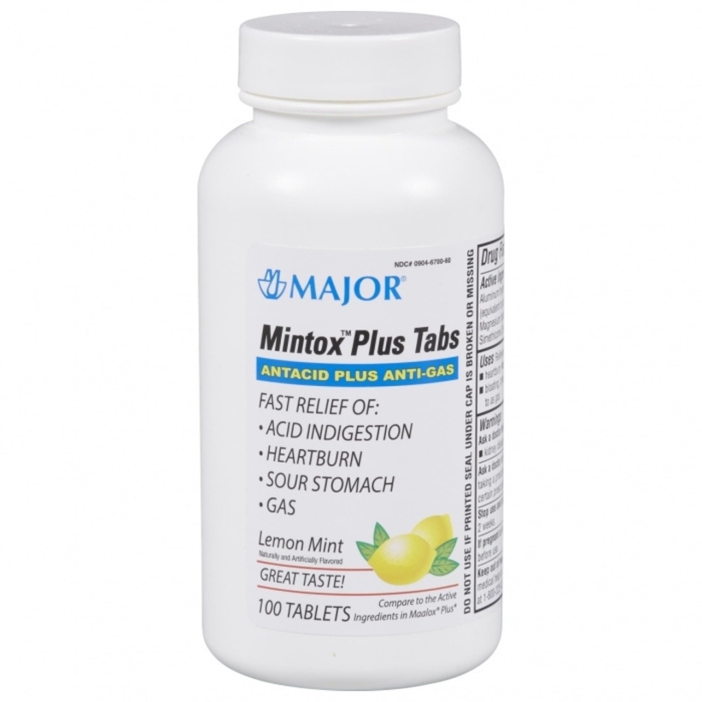 MAJOR Mintox Plus Tabs - Antacid Plus Anti-Gas Tablets - Helps Quickly Relieve Acid Indigestion, Heartburn, Sour Stomach, and Gas - Lemon Mint Flavored - 100 Count (1 Pack)