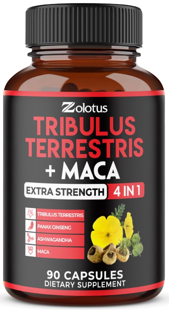 Zolotus Premium Tribulus Terrestris Capsules - Combinées avec Ashwagandha, Panax Ginseng & Maca - 90 Compte pendant 3 mois