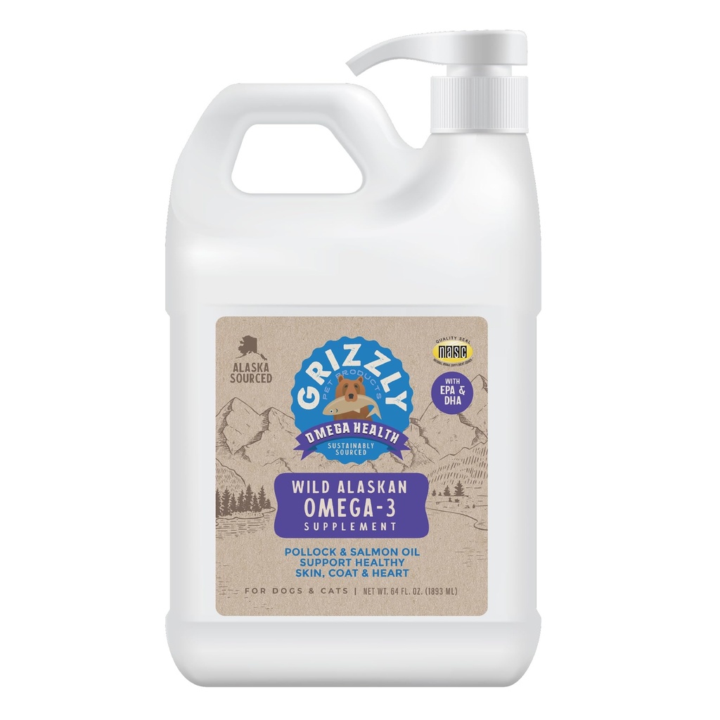 Produits pour animaux de compagnie Grizzly Omega Health Liquid Omega-3 Supplément pour chiens et chats, 64 Once Jug