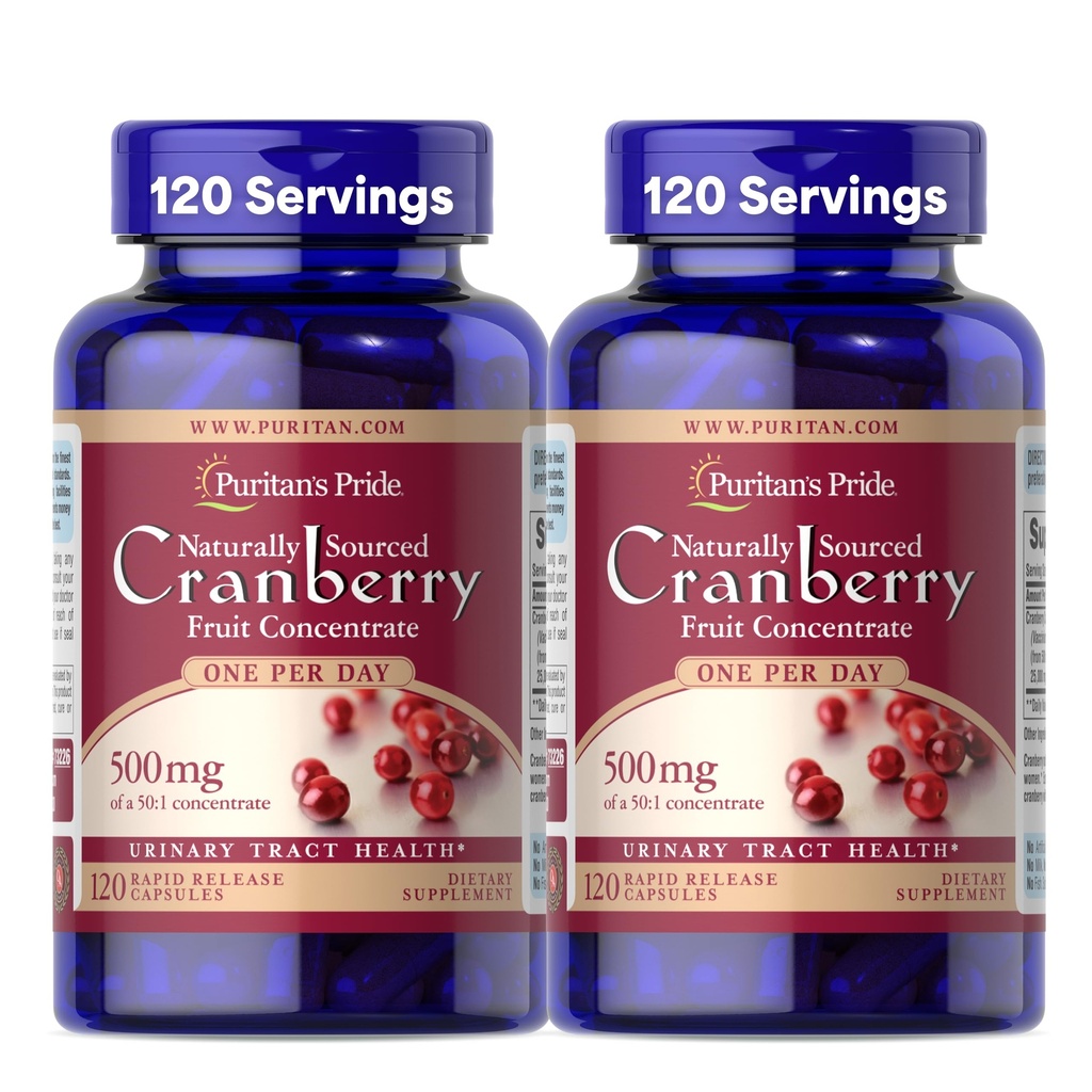 Puritan's Pride naturellement à base de canneberge une par jour fruit concentré 500mg, 50:1 supplément alimentaire pour le traitement urinaire soutien, 4 mois d'approvisionnement, 120 capsules de libération rapide, 2 pack