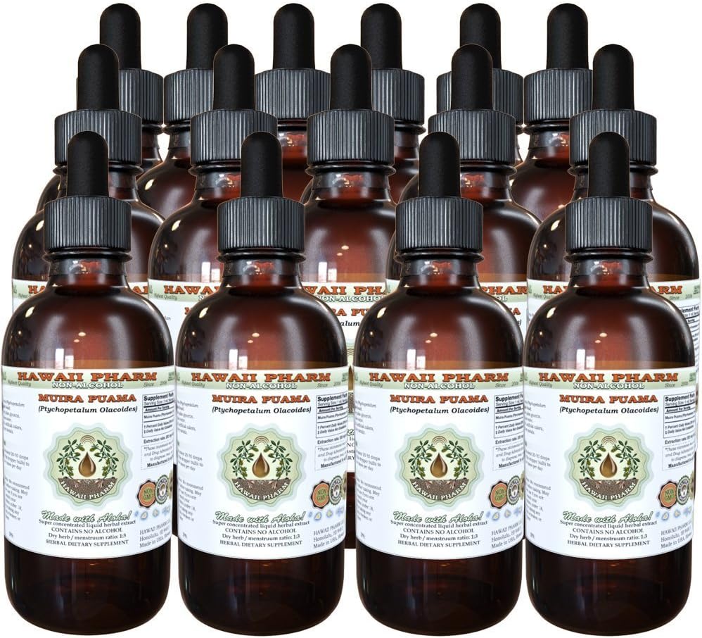 Muira Puama Extrait liquide sans alcool, Muira Puama biologique (Ptychopetalum Olacoides) Supplément à base de plantes glycérites naturelles, Hawaii Pharm, États-Unis 15x4 oz