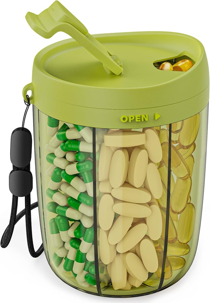 PULIV Large Pill Bottle Organizer, Supplement Organizer für die Holding 6 verschiedene Vitamine, Pill Box Case mit Anti-Mixing & Wide Opening Design, einfach zu nehmen Meds und 20 Stück Stick-on Labels, Grün