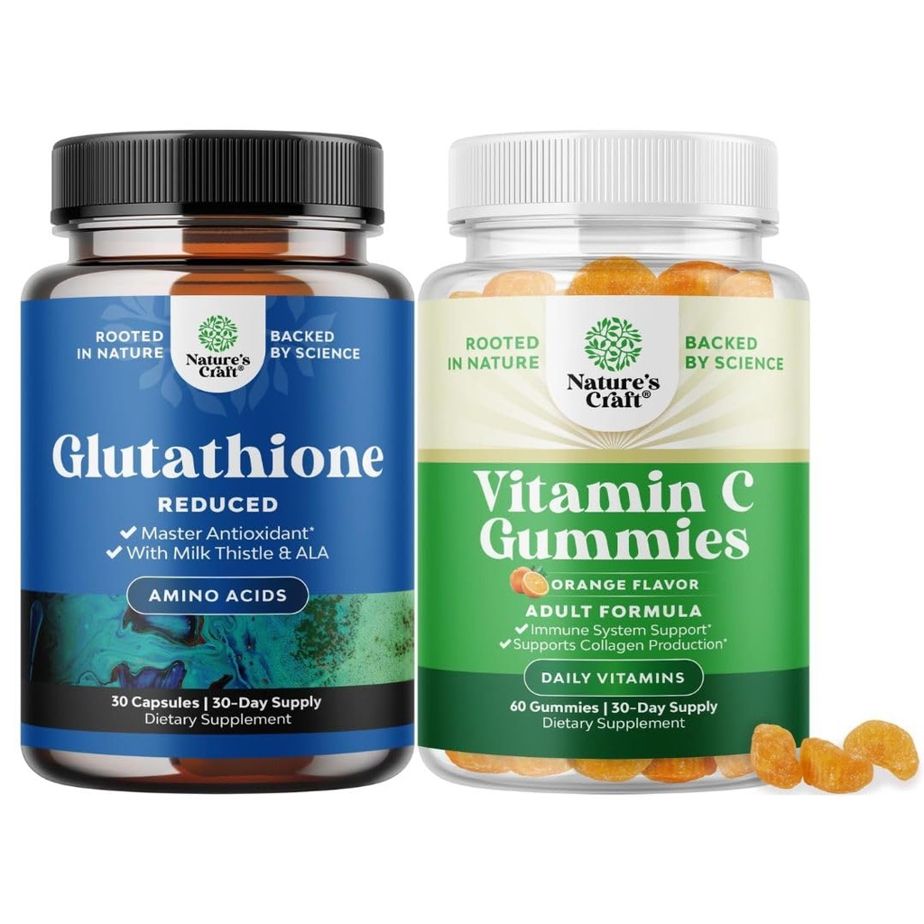 Bundle of Reduced Glutathione Supplement mit Milchdistel - 500 mg pro Servieren reines L Glutathion und Kaubares Vitamin C Gummi für Erwachsene - Ascorbinsäure Natürliche Gummy Immun Booster & Kalte Remedy