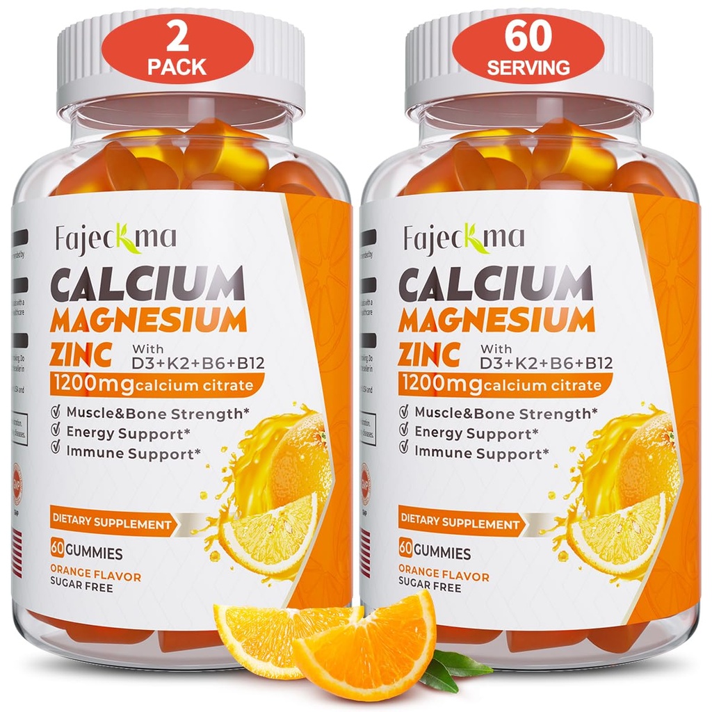 Calcium Magnésium Zinc Gommies pour Adulte: 1200mg Citrate de calcium avec vitamine D3 K3 - Natural Organic Sugar Free Supplément haute absorption pour les femmes Hommes Enfants(120Conte)