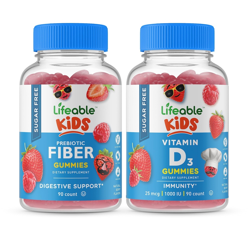 Fibre préciotique sans sucre vivace enfants + Vitamine D enfants, Gummies Bundle - Grande dégustation, supplément de vitamine, sans gluten, sans OGM, Gummy à croquer