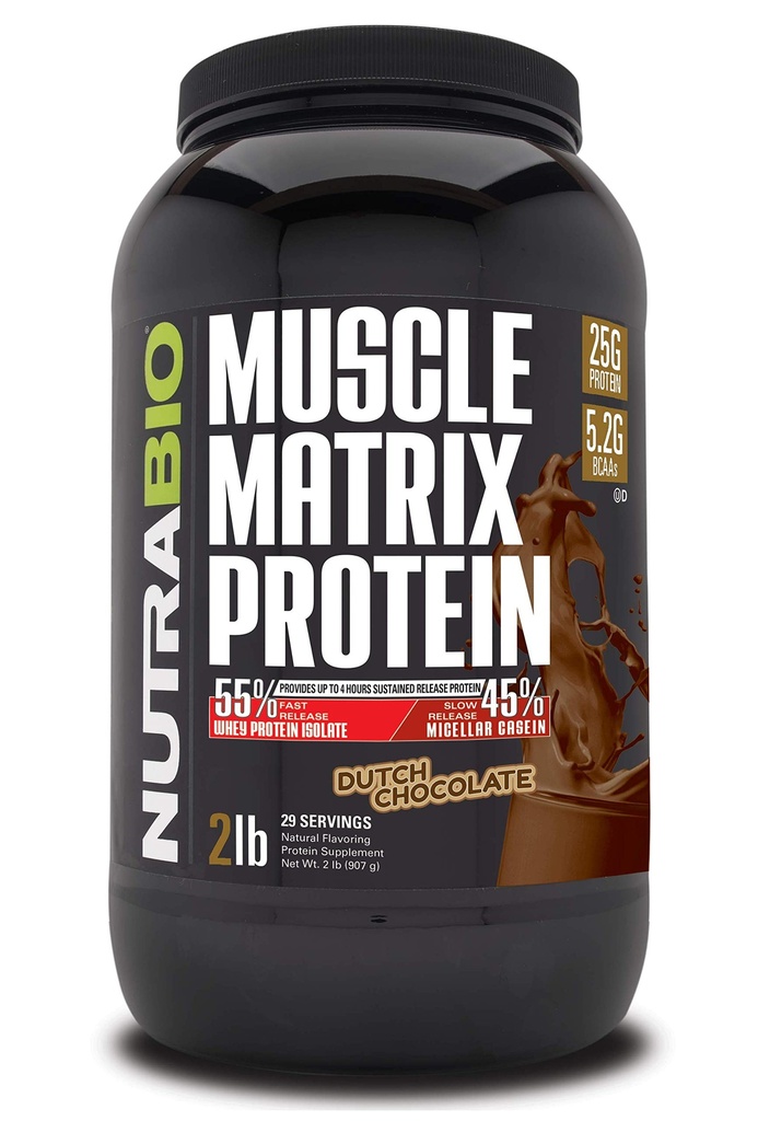 NutraBio Muscle Matrix Protein Powder - 25g Protein Per Scoop - Whey Isolate und Micellar Casein Combo für schnelle und langsame Freisetzung - Niederländische Schokolade - 2 Pfund, 28 Portionen