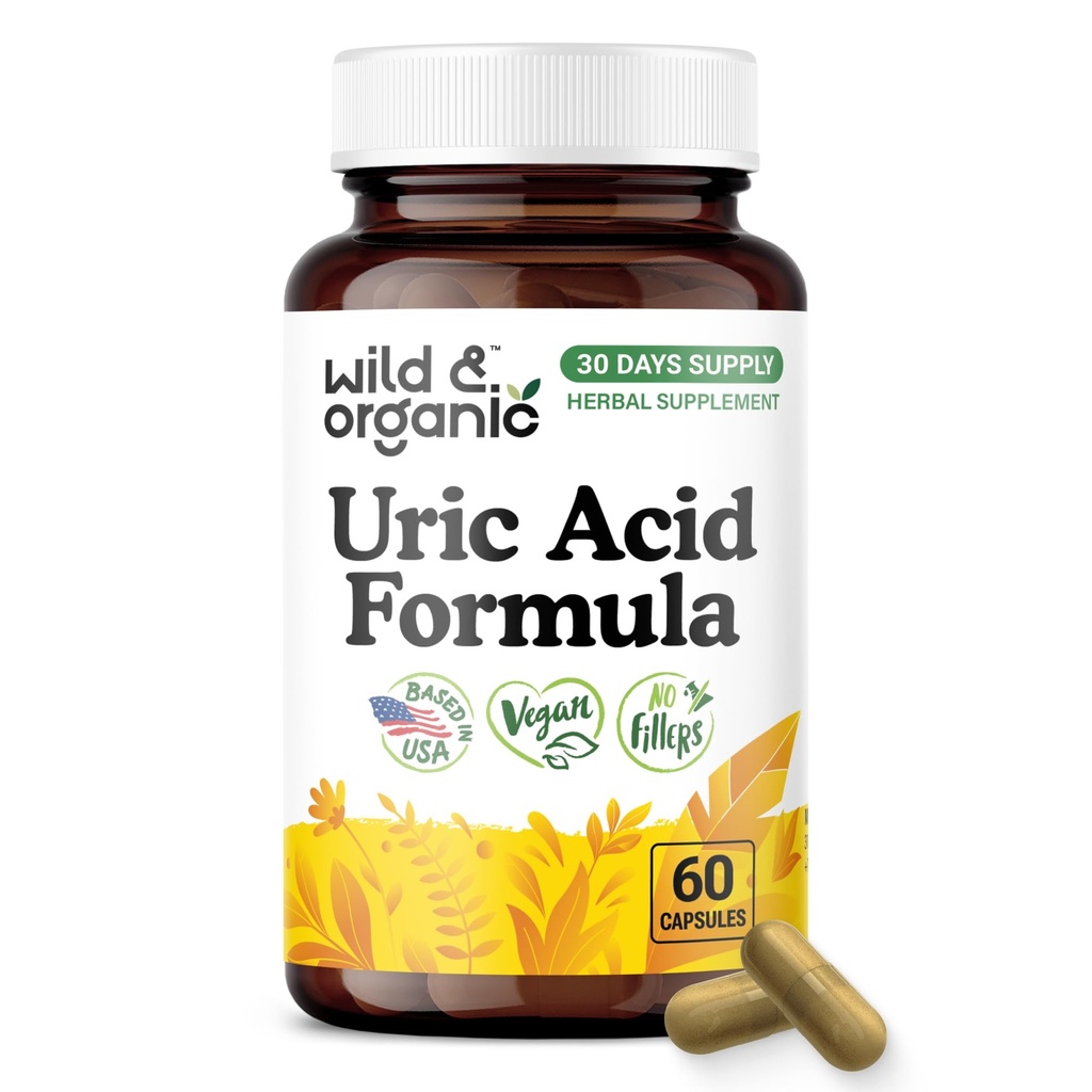 Wild & Organic Uric Acid Formula Capsules - Uric Acid Cleanse Support - Antioxidant Supplement with Tart Cherry Powder, Turmeric, Chanca Piedra & Celery - Vegan, No Fillers, Non-GMO - 60 Count