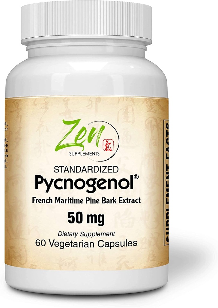 Zen Supplements Pycnogenol 50mg - Standardisierter französischer Maritimer Pine Bark-Extrakt für Antioxidant & Entzündungsunterstützung - Non-GMO, Gluten & Soy Kostenlose 60-Vegcaps