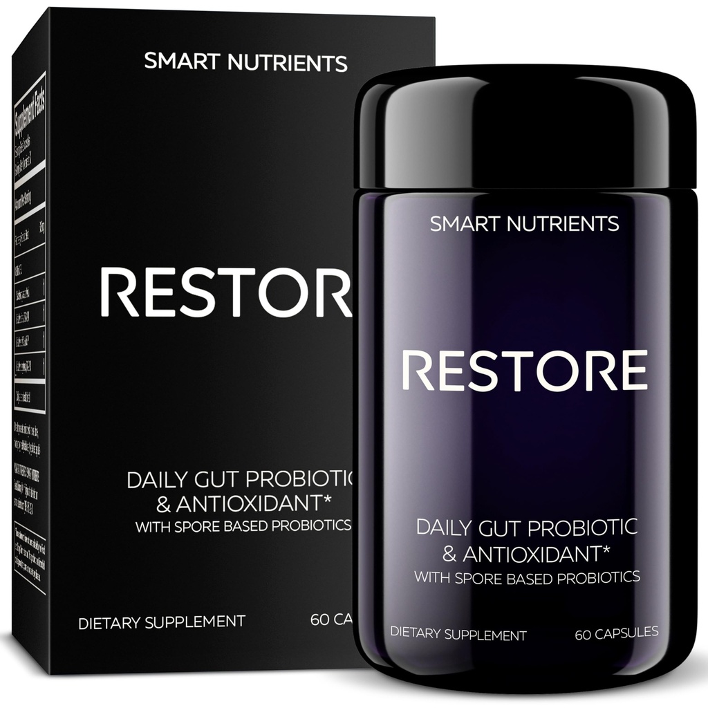 RESTORE Limited Edition | Digestive Probiotics & Antioxidant Daily Supplement | Supports IBS & Gut Health | 4 Clinically Proven Strains with 3 Spore-Based Probiotics | 60 Caps | 30 Day Supply, 1-Pack