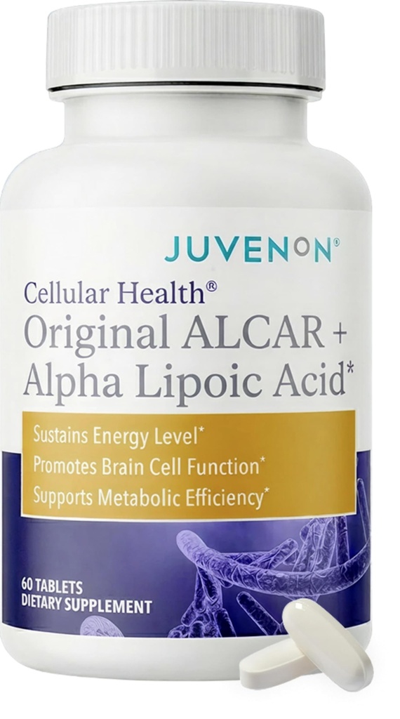 Juvenon Santé Cellulaire: Cœur, Supplément Cerveau avec l'acétyle L-Carnitine et la biotine - Supporte la fonction NAD+, la production d'énergie, l'humeur, le métabolisme revitalisé, la concentration mentale et la clarté (60 comprimés)