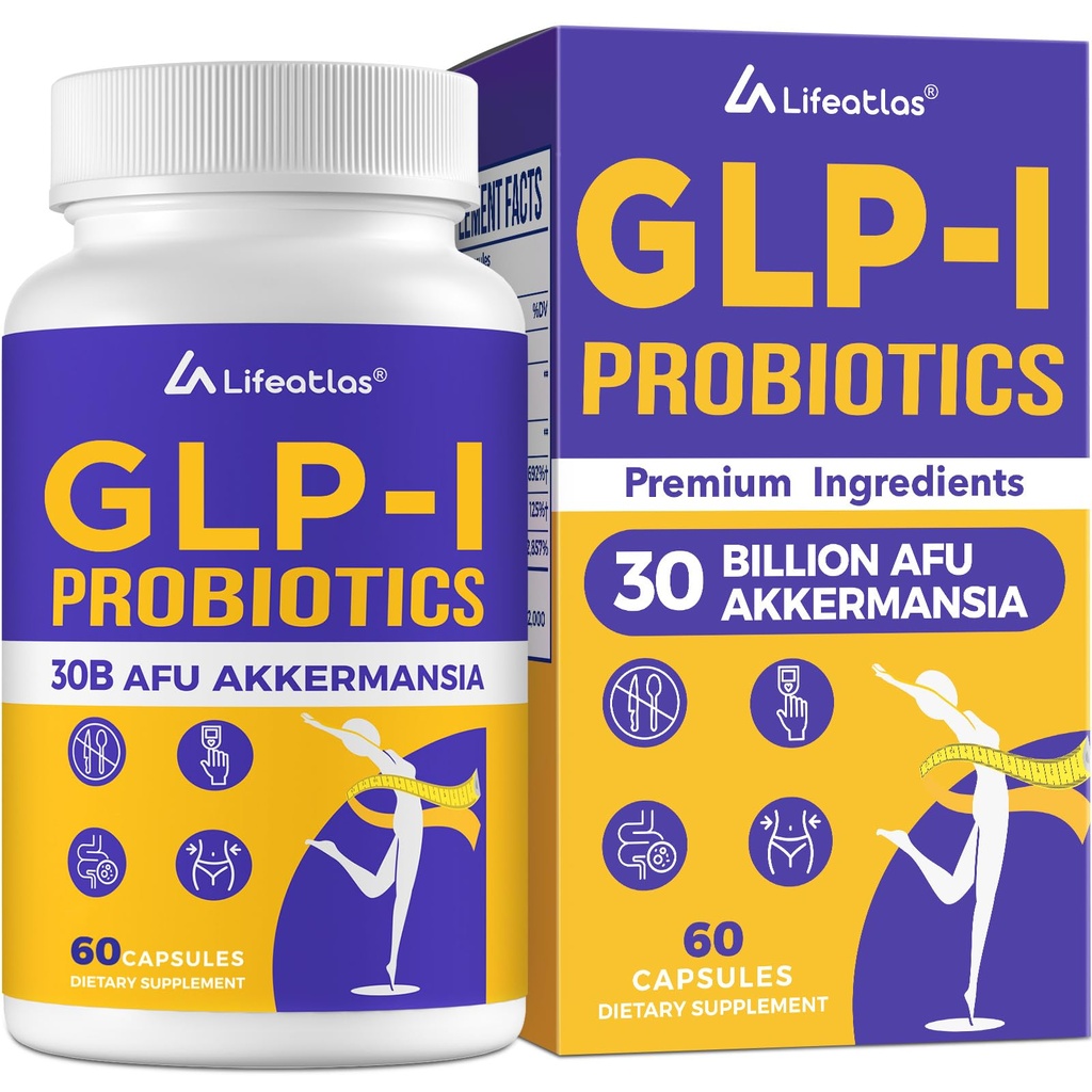 Lifeatlas GLP-1 Supplement Probiotic | GLP-1 with 30 Billion AFU Akkermansia Probiotic, Akkermansia Probiotics for Women and Men, Daily GLP-1 Supplement, 60 Caps