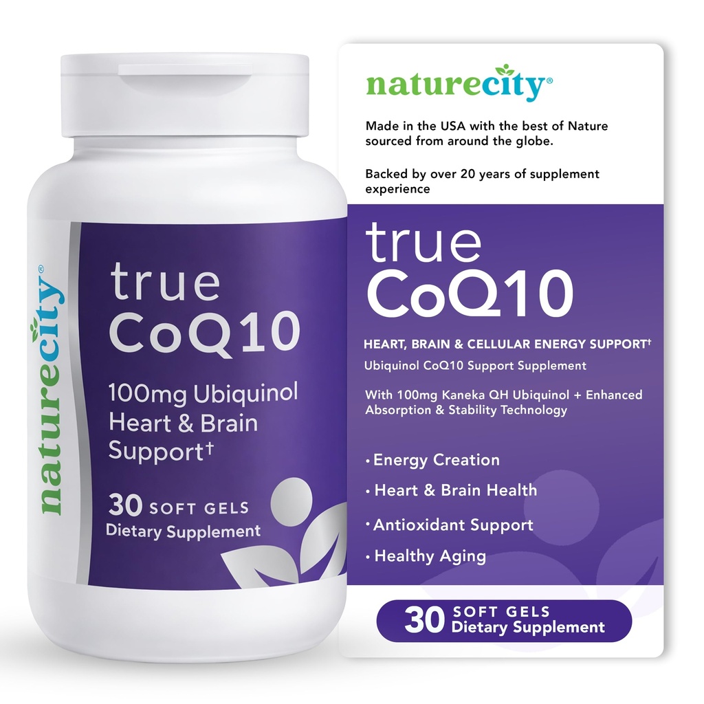 NatureCity True-CoQ10 Ubiquinol 100mg Supplément CoQ10 CoQ10 Coeur, cerveau et énergie cellulaire hautement absorbant et stabilisé - (30 gels souples) CoQ10 actif comme Ubiquinol