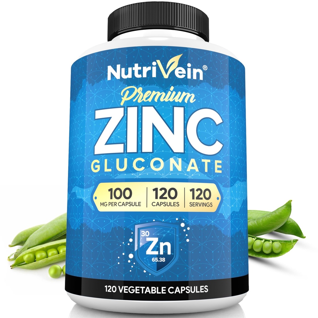 Nutrivein Premium Zinc Gluconate 100mg - 120 Capsules: Suppléments de gluconate de zinc à haute absorption pour le bien-être des corps entiers - Éléments essentiels pour le bien-être