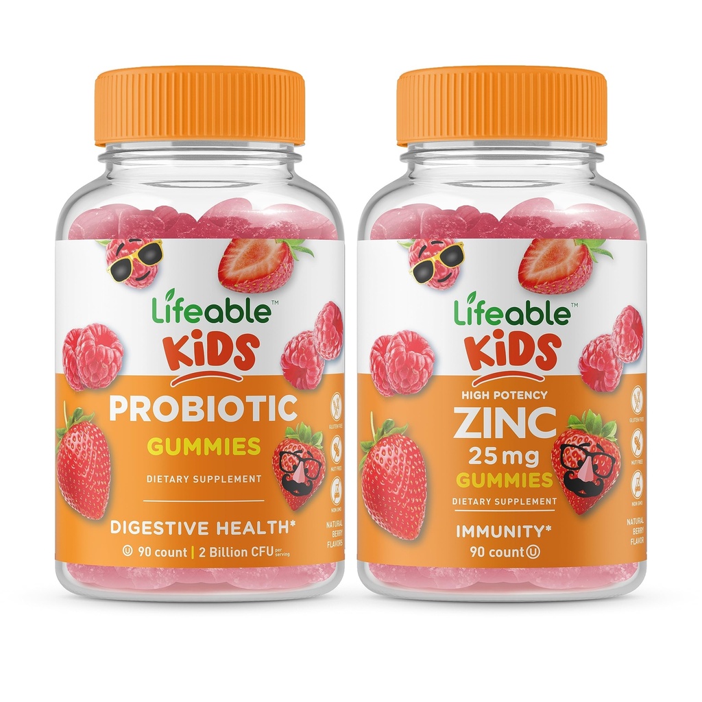 Lifeable Probiotic 2 Billion CFU Kids + Zink 25mg Kinder, Gummis Bundle - Große Verkostung, Vitamin Supplement, Glutenfrei, GMO frei, Kaugummi