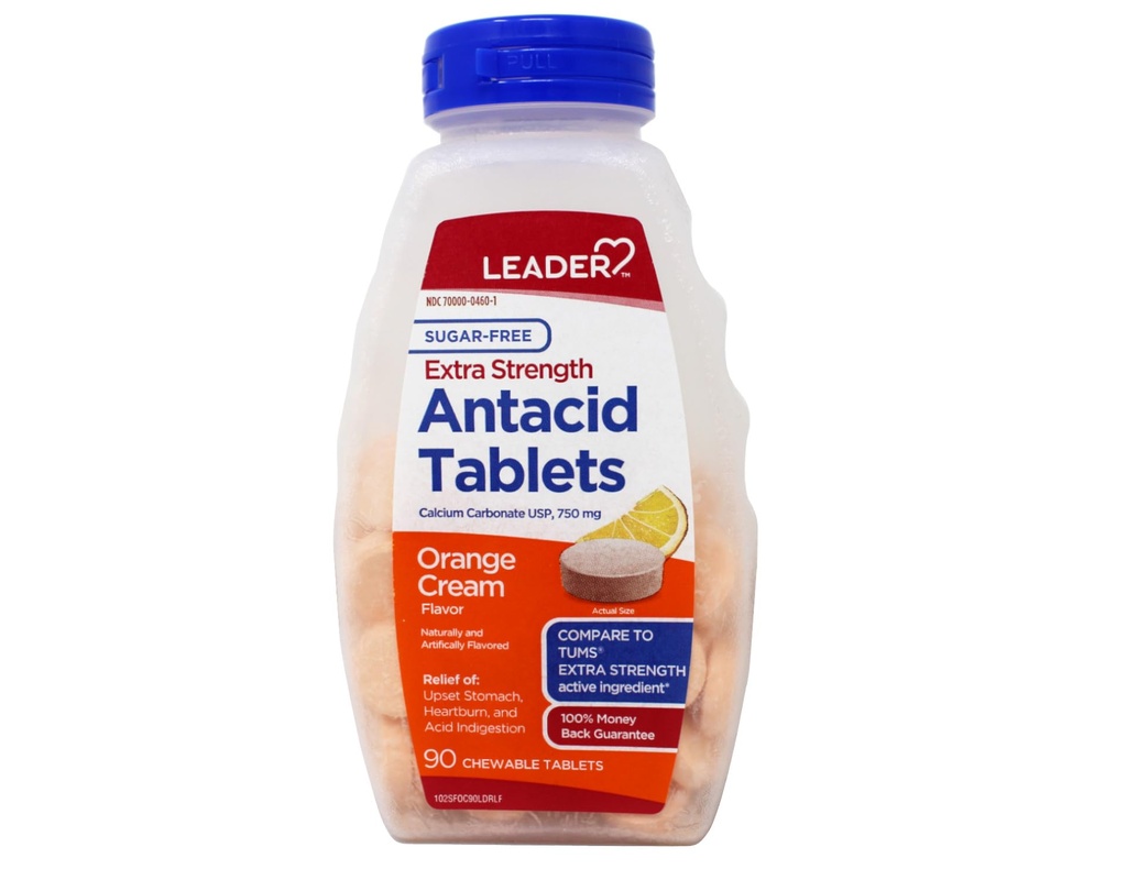 Leader Sugar-Free Extra Strength Antacid Tablets - 750mg, Orange Cream Flavor, 90 ct (Pack of 1)