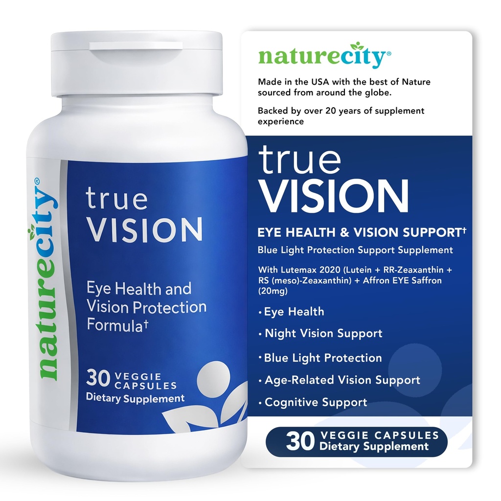 NatureCity True-Vision Eye Health Supplement - Pflanzenbasiertes Lutein und Zeaxanthin mit High Potency Saffron 20mg - Blauer Lichtschutz, Unterstützung Zentrale und Nachtsicht (30 Veggie Kapseln)