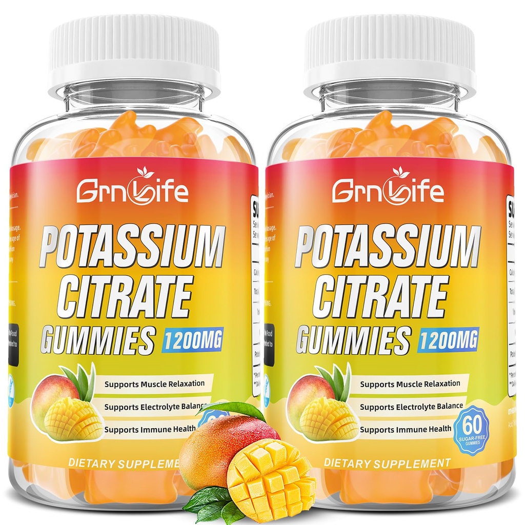 Kalium-Zitrat-Gummi, hohe Kalium-Ergänzung-Gummi-Gummi-Gummi-Ergänzung-Gummi-Gummi-Gummi-Gummi-Gummi 1200mg Unterstützung Leg Cramps & Muskel-Gesundheit, Kalium-Gummi-Gummi für Erwachsene & Kinder, Vegan, Mango Flavor 120 Count