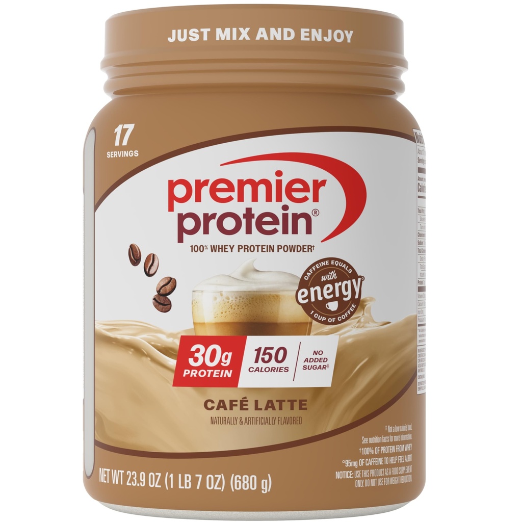 Premier Protein Powder, Café Latte, 30g Protein, 1g Zucker, 100% Whey Protein, Keto Friendly, Glutenfrei, No Soy, 95mg Koffein für Energie, 23.9 oz (17 Servierungen)