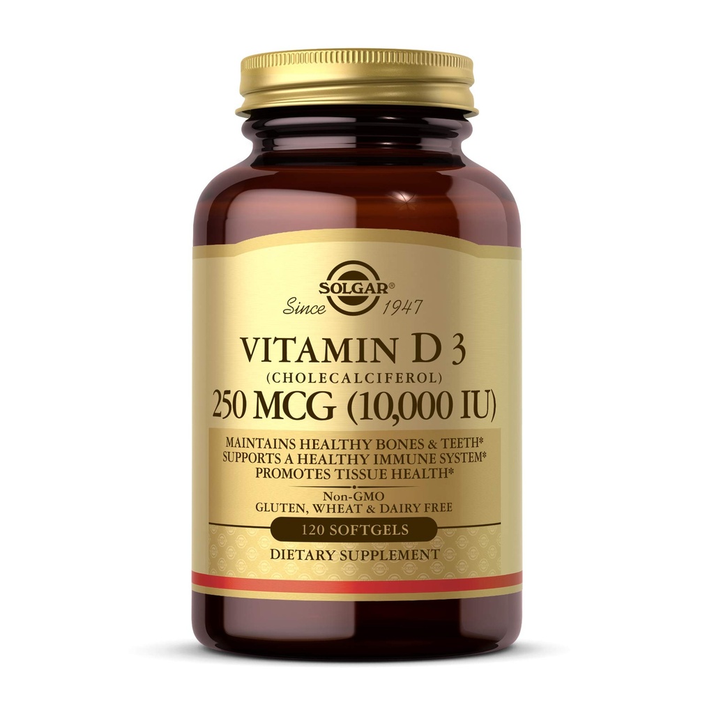 Solgar Vitamine D3 (Cholecalciferol) 250 MCG (10 000 UI), 120 Softgels - Aide à maintenir des os et des dents sains - Système immunitaire - Non OGM, sans gluten, sans lait - 120 portions