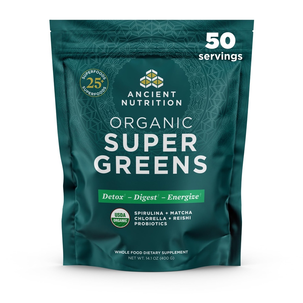 Antike Ernährung Super Greens Pulver, Bio-Superfood-Pulver mit Probiotika hergestellt mit Spirulina, Chlorella, Matcha und Verdauungsenzyme, 50 Servierungen, 14.1 Unze