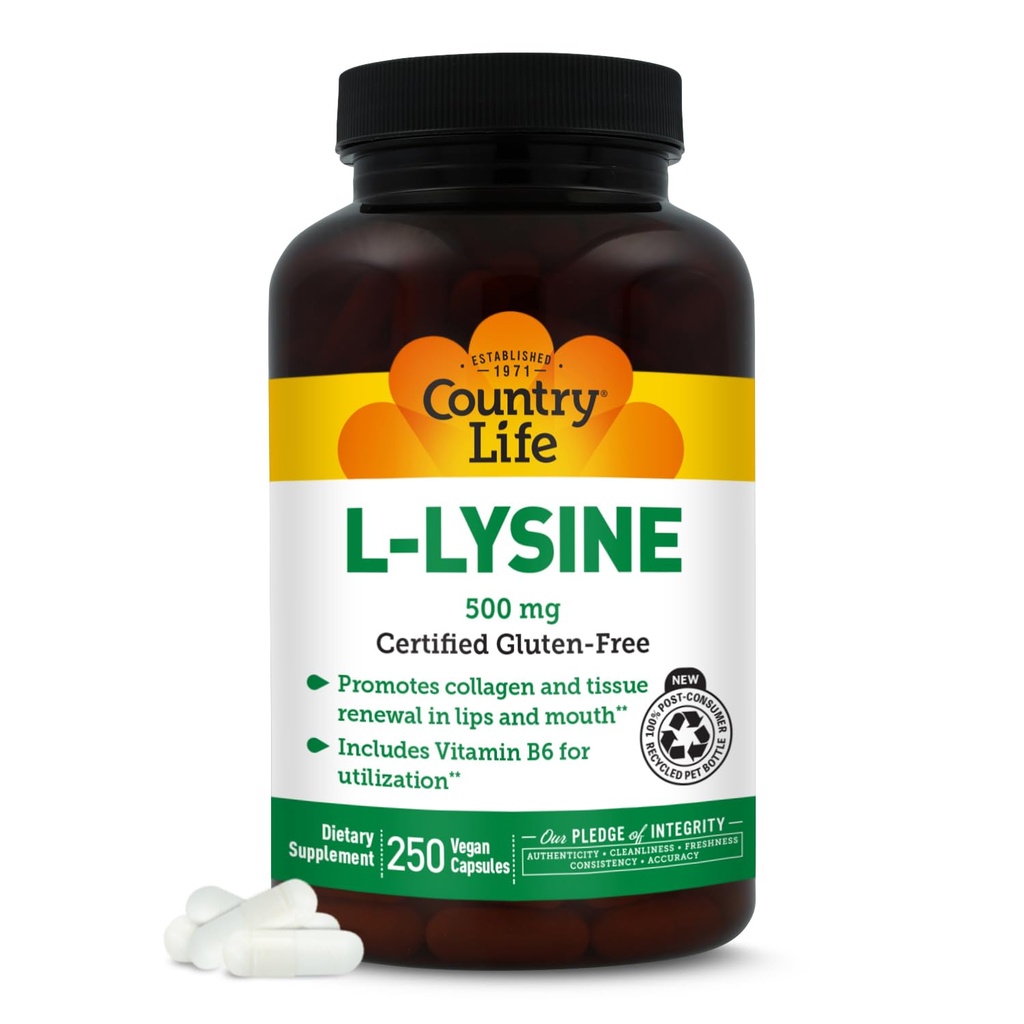 Country Life L-Lysine 500mg mit B-6, unterstützt Immungesundheit, fördert Collagen Renewal in Lips and Mouth, 250 Vegan Kapseln, Certified Gluten Free, Certified Vegan