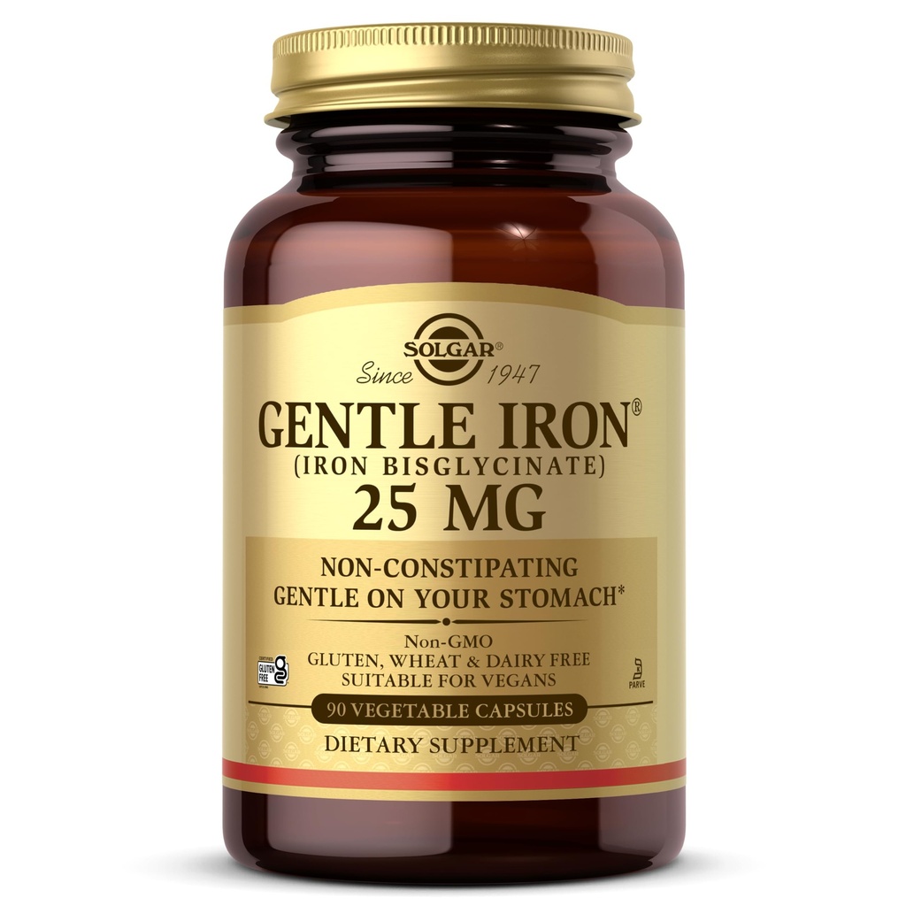 Solgar en fer doux 25mg, 90 capsules végétales - énergie, production normale de globules rouges - douceur sur l'estomac - non-OGM, végétalien, sans gluten, sans lait, sans casher - 90 portions