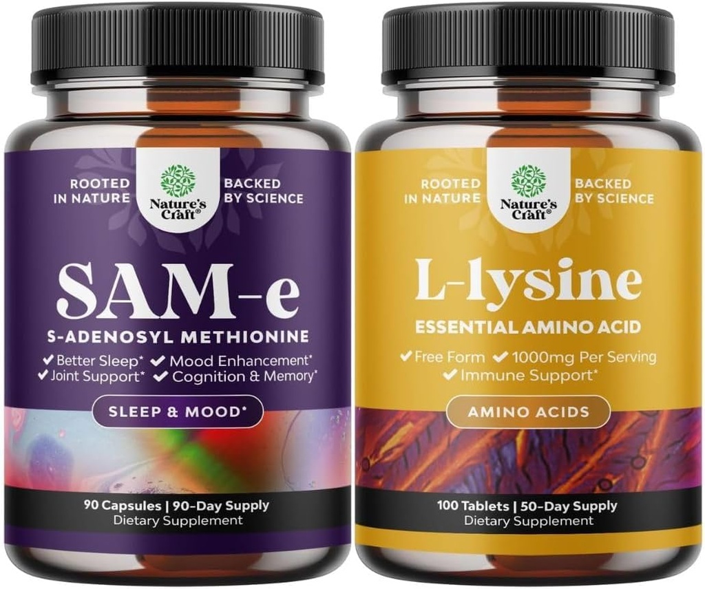 Bundle Pure SAM E Supplement 150mg - Nootropic Same 150mg Pro Servieren für Memory & Brain Support und L Lysine 1000mg Free Form - L-Lysine Supplement für Augengesundheit Lip Care Collagen Synthese