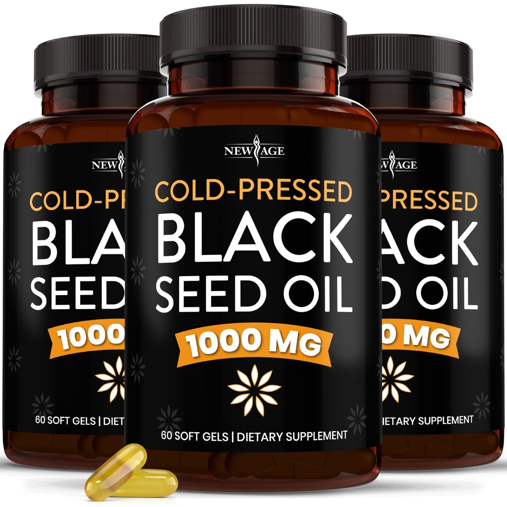 NOUVELLE AGE Black Seed Oil Softgel Capsules - Premium Nigella Sativa Produire de l'huile pure de cumin noir - Non-OGM et Végétarien 90 Compte (paquet de 3)