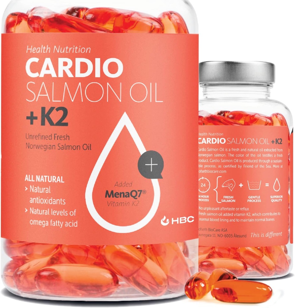 High Strength Omega 3 Fischöl mit Vitamin K2-1000mg, Norwegisches Lachsöl, EPA & DHA, Burpless, Omega 3 Fettsäuren Ergänzung für Augen, Gehirn, Herz und Immunität - 90 Kapseln - Cardio