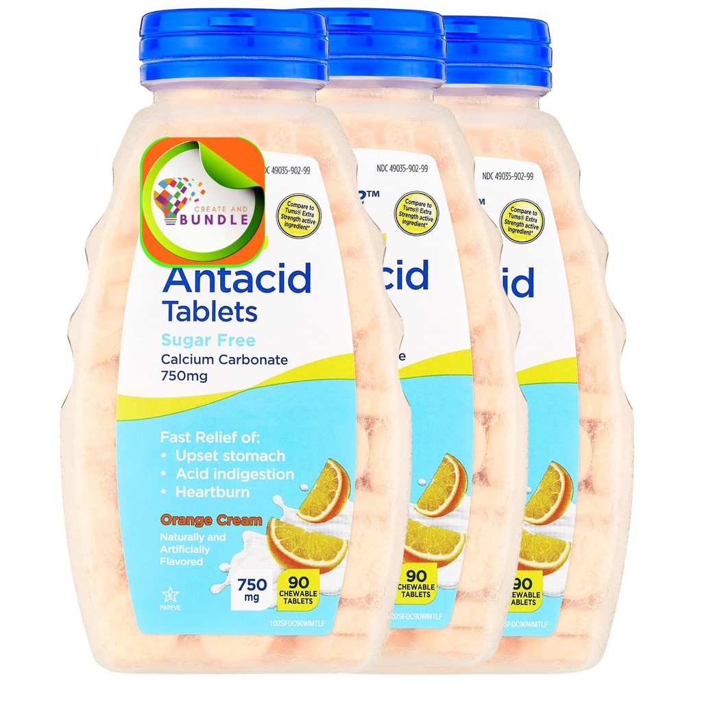 Extra Strength Sugar-Free Antacid Chewable Tablets, Orange Cream, 750 mg, 90 Count (Pack of 3) Total 270 Count