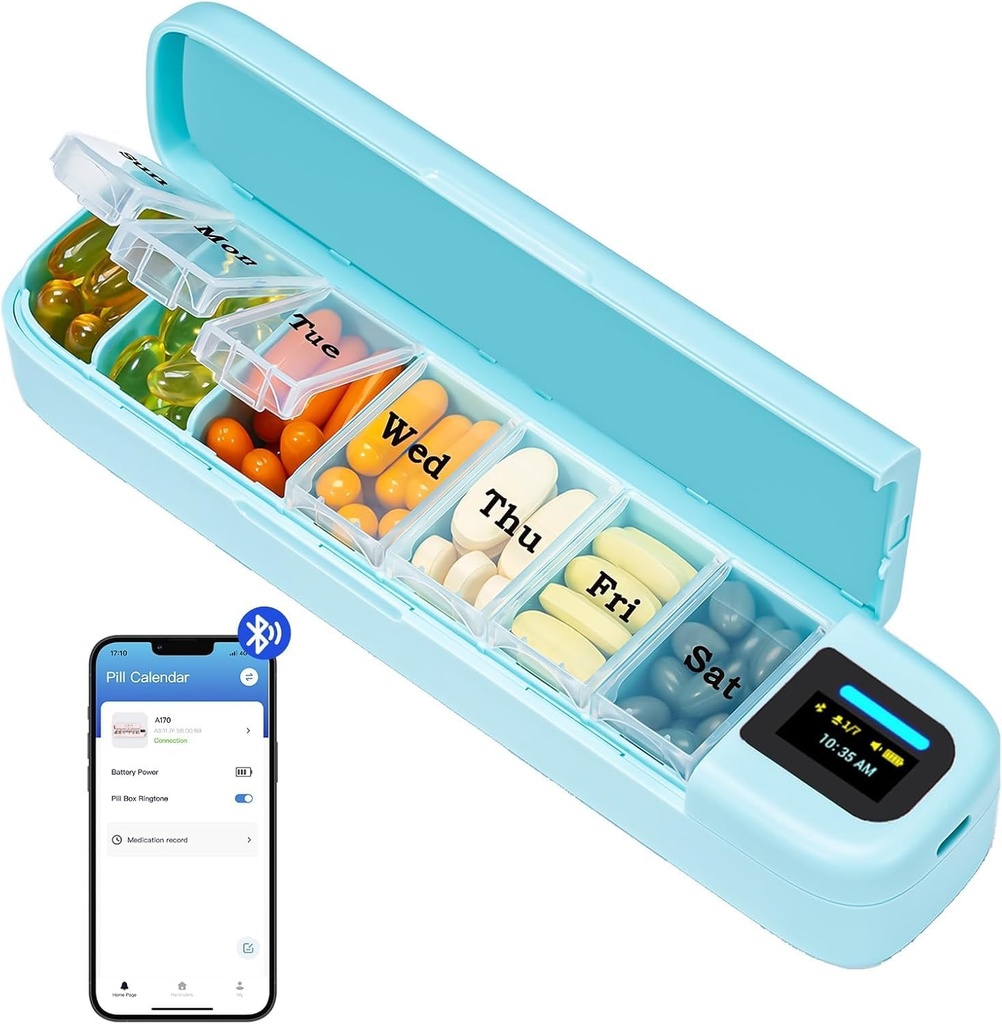 Daviky Smart Pill Organizer mit Alarm, Bluetooth Täglich Einmal ein Tag Pille Box 7 Tag mit APP, Wöchentliche Reise Pille Fall, Portable Pill Reminder für Medikamente, Ergänzungen und Vitamine(Grün)