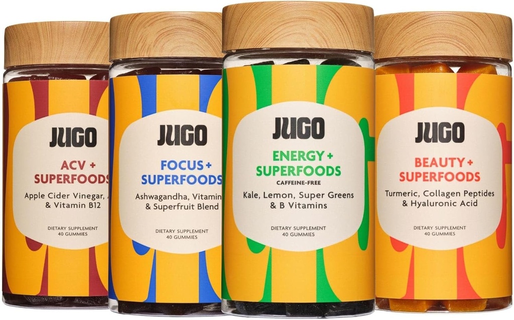 JUGO Superfoods Gummies Variety Pack – Focus, Energy, Beauty & ACV Gummies – Plant-Based, 100% Vegetarian, Gluten-Free – Supports Mind, Body & Digestive Health