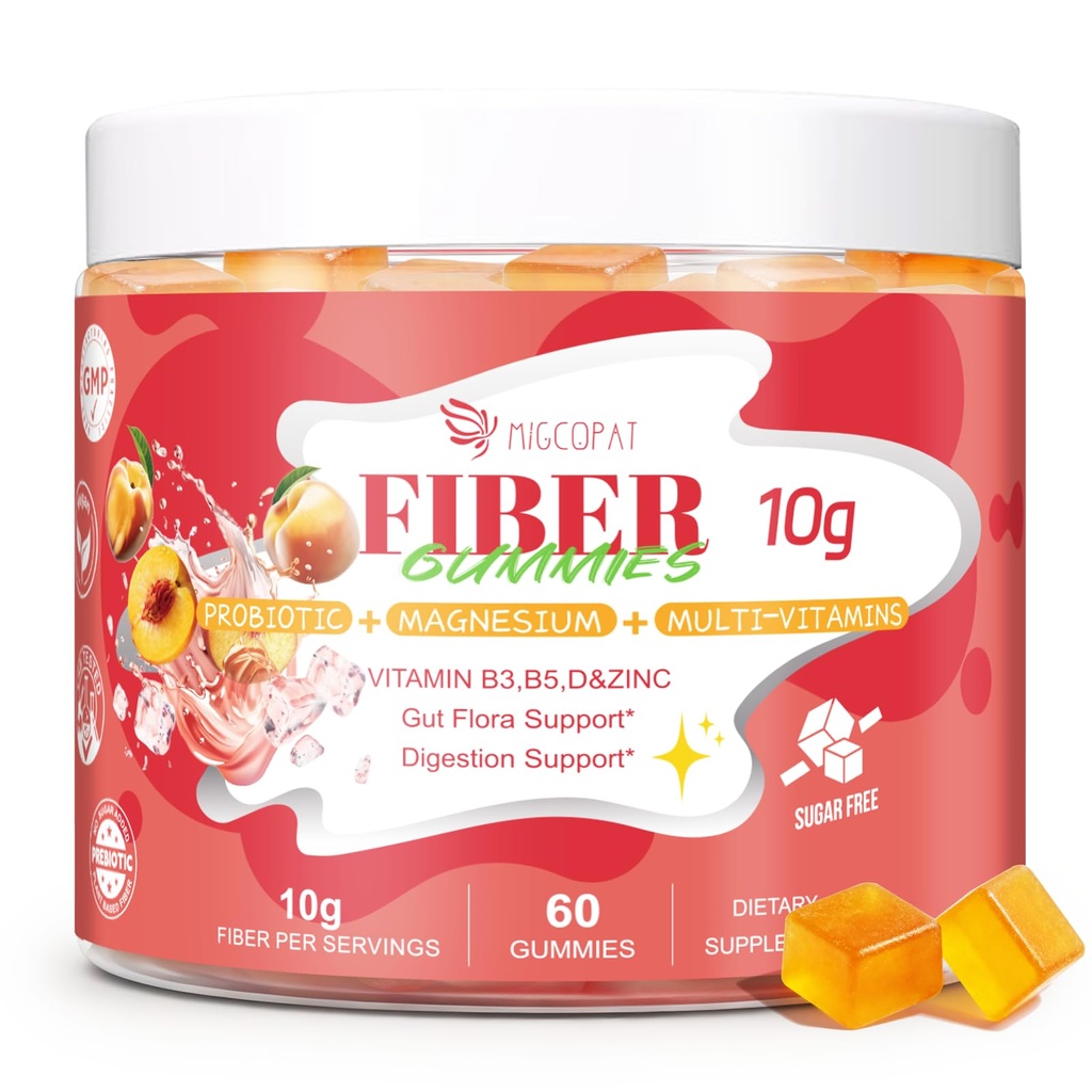 Migcopat 10G Fiber Gummies for Adults, with Probiotics & ACV, 30 Billion CFU, Prebiotic Inulin & Chicory Root, Vitamins C, D3, B3, B5, Magnesium, Zinc – Digestive & Gut Health, No Sugar, 60 Count