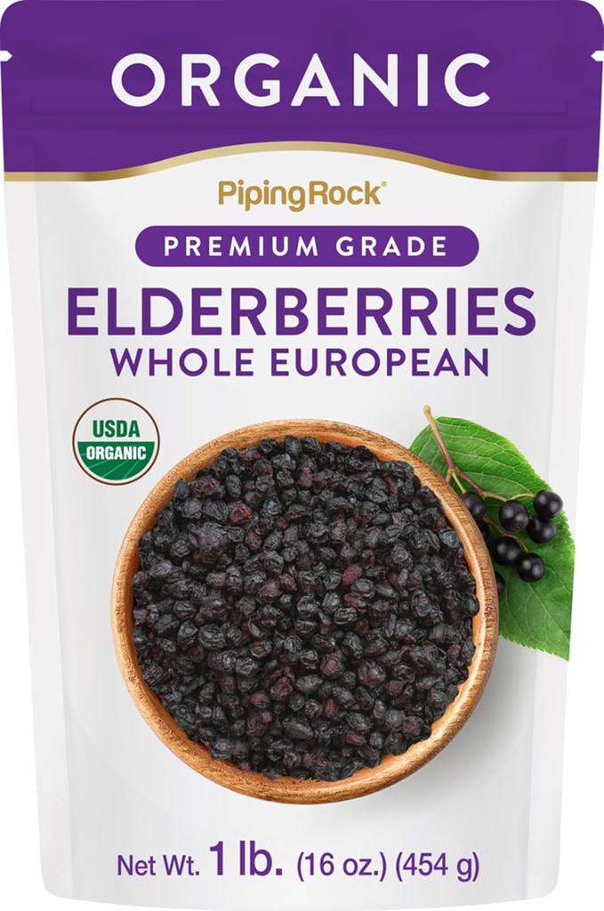 Piping Rock Elderberries Dried Organic | 1lb Bulk Supplement | Europäische Ganze Beeren | Vegetarisch, Non-GMO, Glutenfrei