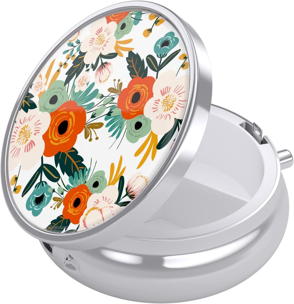 Nipichsha Pill Box, Small Pill Case for Purse & Pocket, Cute Travel Medicine Organizer, Portable Medicine Container Holder to Hold Vitamins, Medication, Fish Oil & Supplements, White Flowers