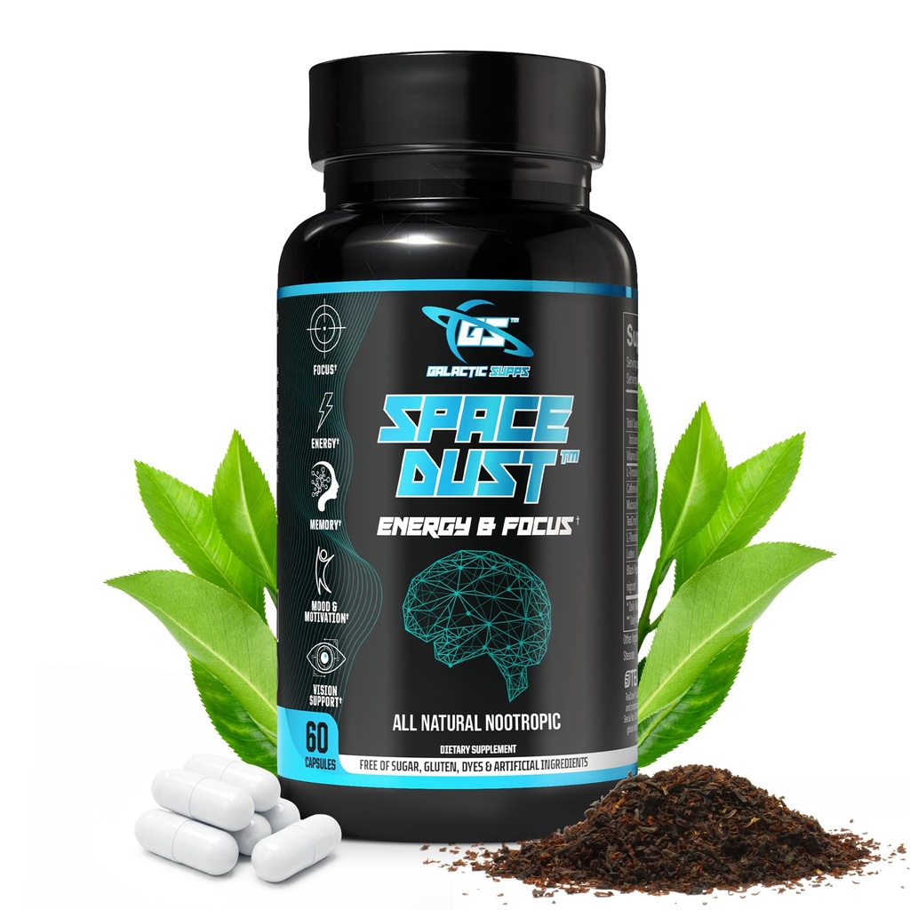 8-in-1 Premium Nootropic Brain Supplement – Fokus, Energy & Mood Support – Brain Fog Relief & Reaktionszeit – mit TeaCrine, L-Theanine, L-Tyrosine, Mucuna & More Natural Ingredients – Space Dust