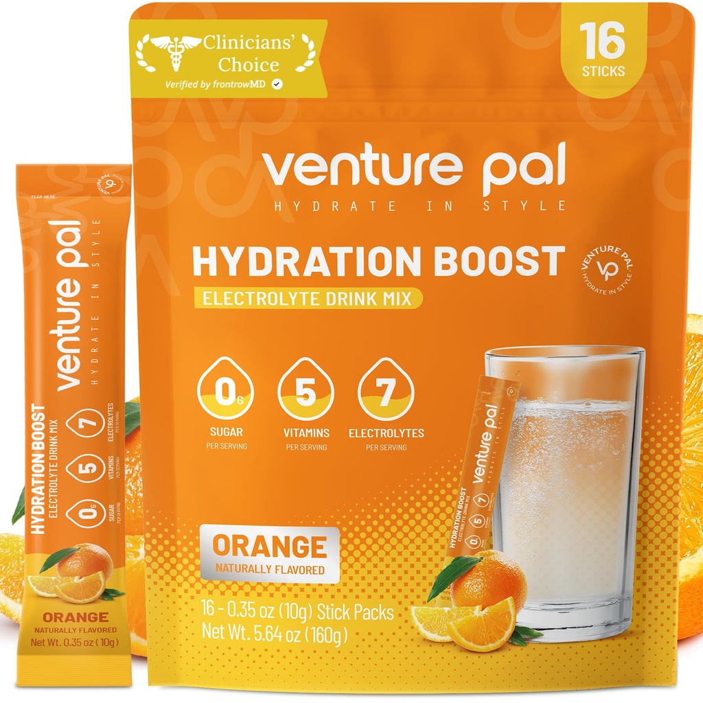 Venture Pal Sugar Free Electrolyte Powder Packets - Liquid Daily IV Drink Mix for Rapid Hydration & Party Recovery | 5 Vitamine & 7 Elektrolyte| Keto Friendly | Non-GMO | Certified Vegan | 16 Sticks