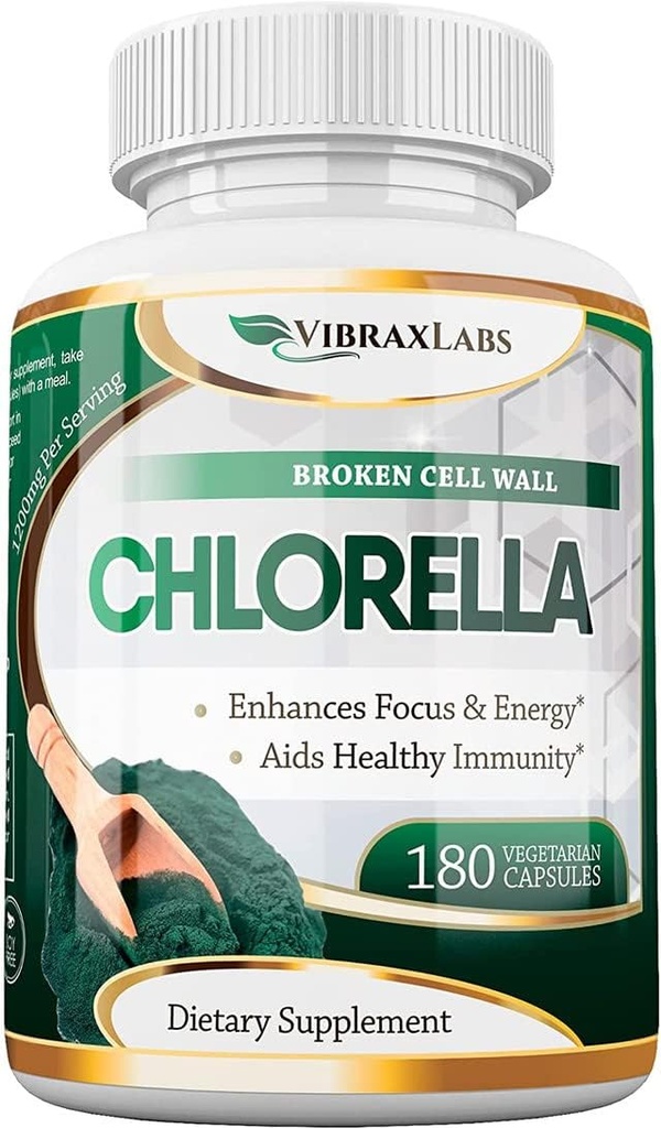 VibraxLabs Chlorella Kapseln – Gebrochene Zellwand 600 mg Veggie Pillen (1200 mg Servieren) - Protein-Pulver-Ergänzung für natürliche Entgiftung, Best mit Spirulina, Kein Nachgeschmack, Made in USA