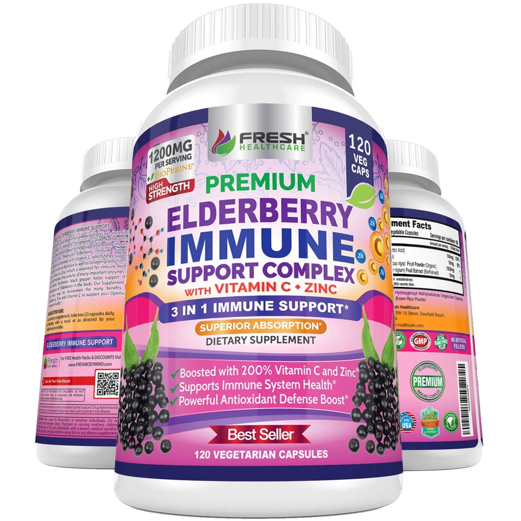 FRESH HEALTHCARE Elderberry Kapseln - High Potency Black Elderberry mit Zink & Vitamin C - Premium 3-in-1 Immununterstützung Vitamine für Erwachsene