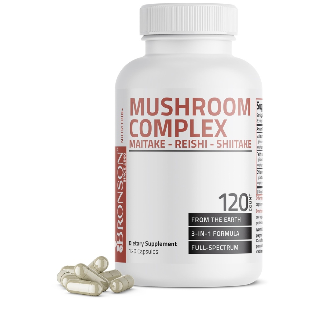 Bronson Triple Mushroom Complex - Maitake - Reishi - Shiitake - Leistungsstarker Antioxidant und Immunsystem Booster - Full Spectrum Pilz Complex - 600 mg Kapseln - 120 Zähler