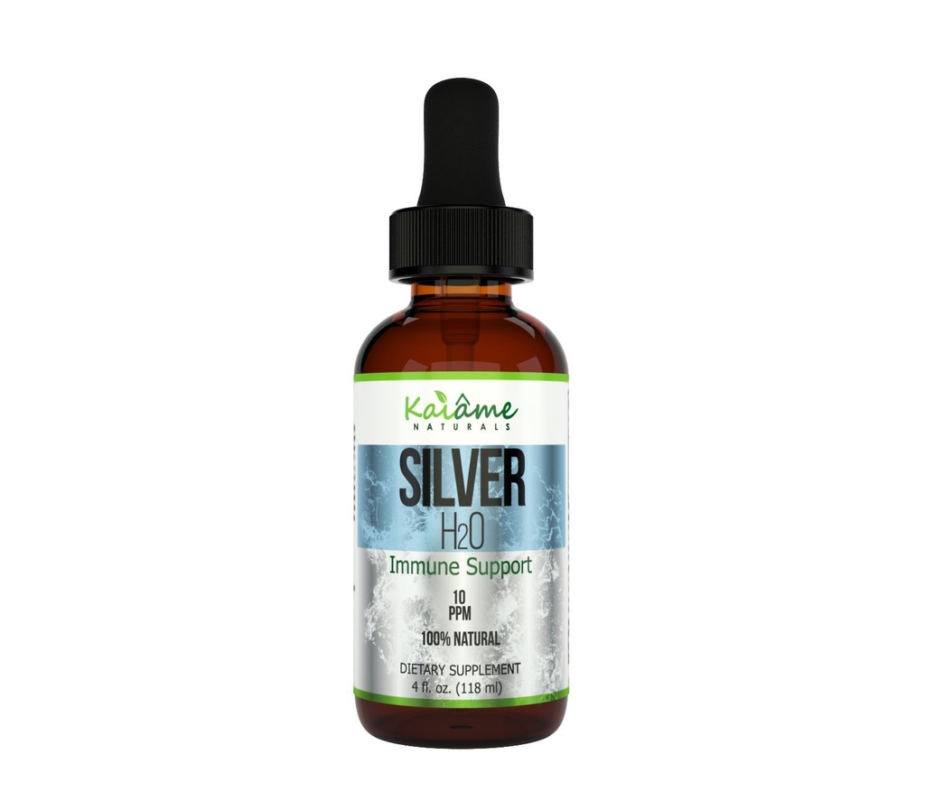 Kaiame Naturals Argent Colloïdal, Solution Argent Ionique, 10 PPM, Grande gouttette de 4 oz en bouteille de verre, Supplément de soutien naturel immunitaire, sans danger pour les adultes, les enfants et les animaux de compagnie