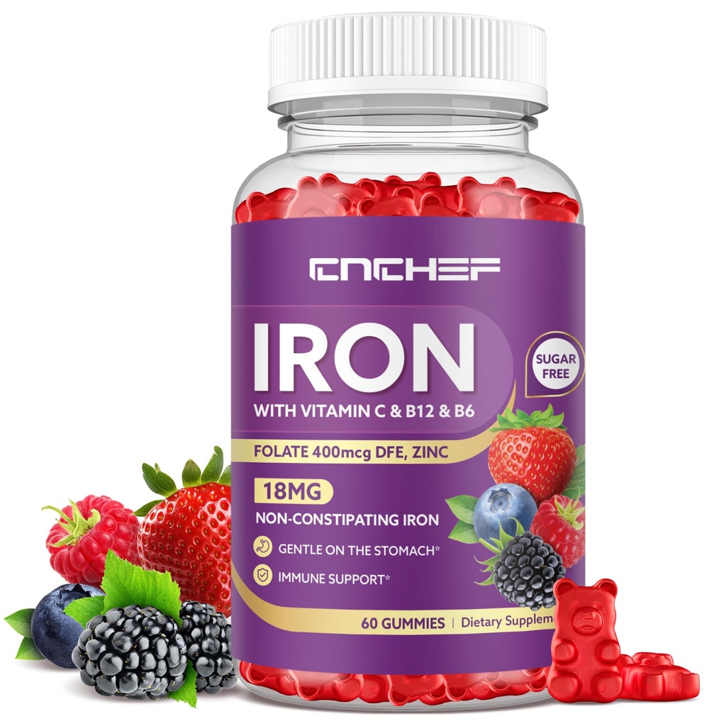 Iron Supplement for Women & Men Gummies, Multivitamin Blood Builder Iron Supplement with Folate Vitamin C B12 B6 Zinc for Adults & Kids - Energy Support - Mixed Berry Flavor, Vegan 60 Gummies
