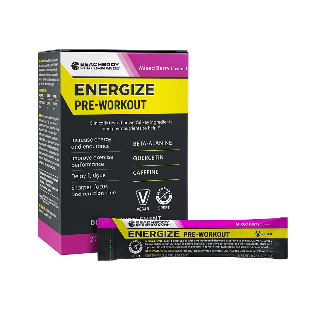 BODi Energize Pre Workout Powder - Beta-Alanine, Quercetin & Low-Dose Caffeine Formula for Enhanced Energy & Focus, Increase Energy & Endurance Supplement, Mixed Berry, 20 Sticks