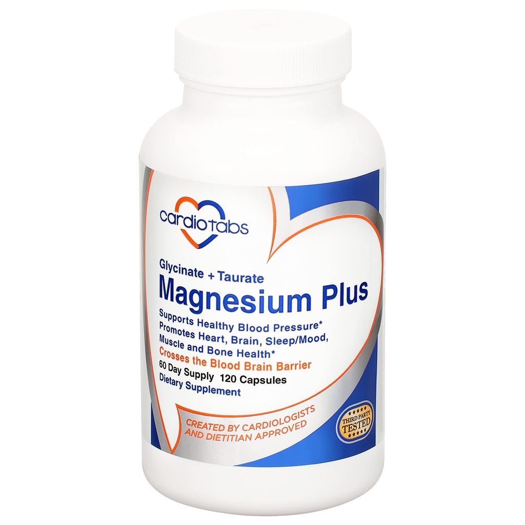 Magnésium Plus – 200 mg de Glycinat de magnésium et Taurat de magnésium pour la pression artérielle, le cœur, le cerveau, le sommeil et l'humeur – Très concentré et bien absorbé - 120 capsules