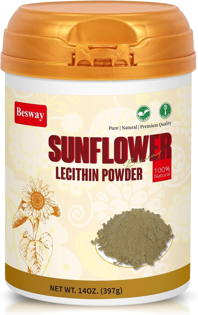 Sunflower Lécithine Powder 14 oz (40 portions), 100% Pure, Non-OGM, Supplément naturel pour la santé cérébrale, la santé cardiaque et la peau saine, Produit de la Chine