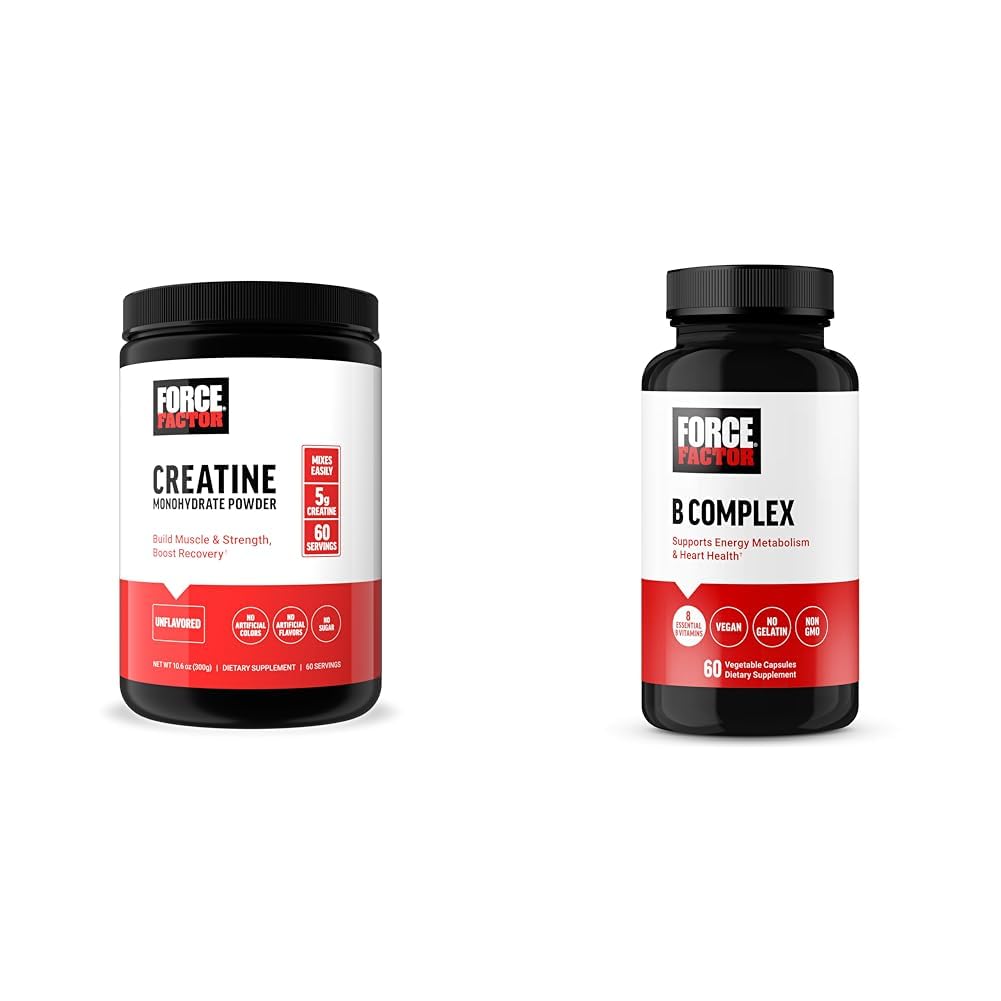 Facteur de force Poudre de créatine 60 portions et complexe de vitamine B 60 capsules pour le gain musculaire, la force, l'énergie et une récupération plus rapide