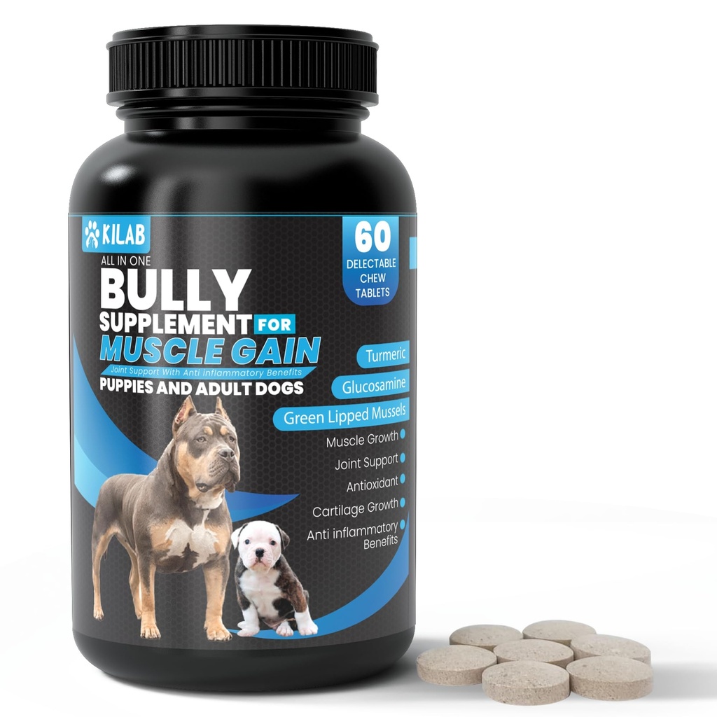 Kilab Dog Weight Gainer – 60-Count Muscle Builder Dog Supplement – Muskelwachstumsergänzung für Hunde, Welpen und Erwachsene – Bully Growth Formula mit Kurkuma, Glucosamin, Green Lipped Mussels