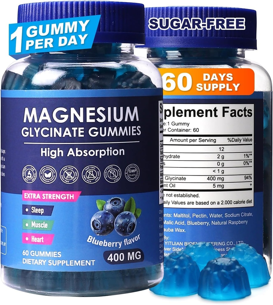 Blueberry Flavor Magnesium Glycinate Gummies 400mg – High Absorption Supplement for Adults and Kids, Sugar Free, Gelatin Free, Vegan Friendly, 60 Day Supply